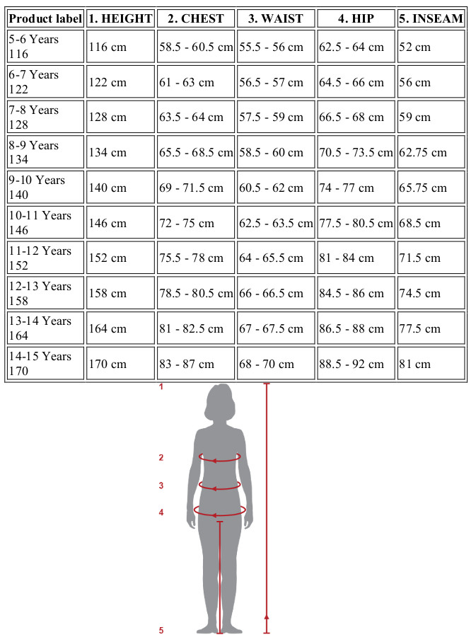 reebok girls size chart